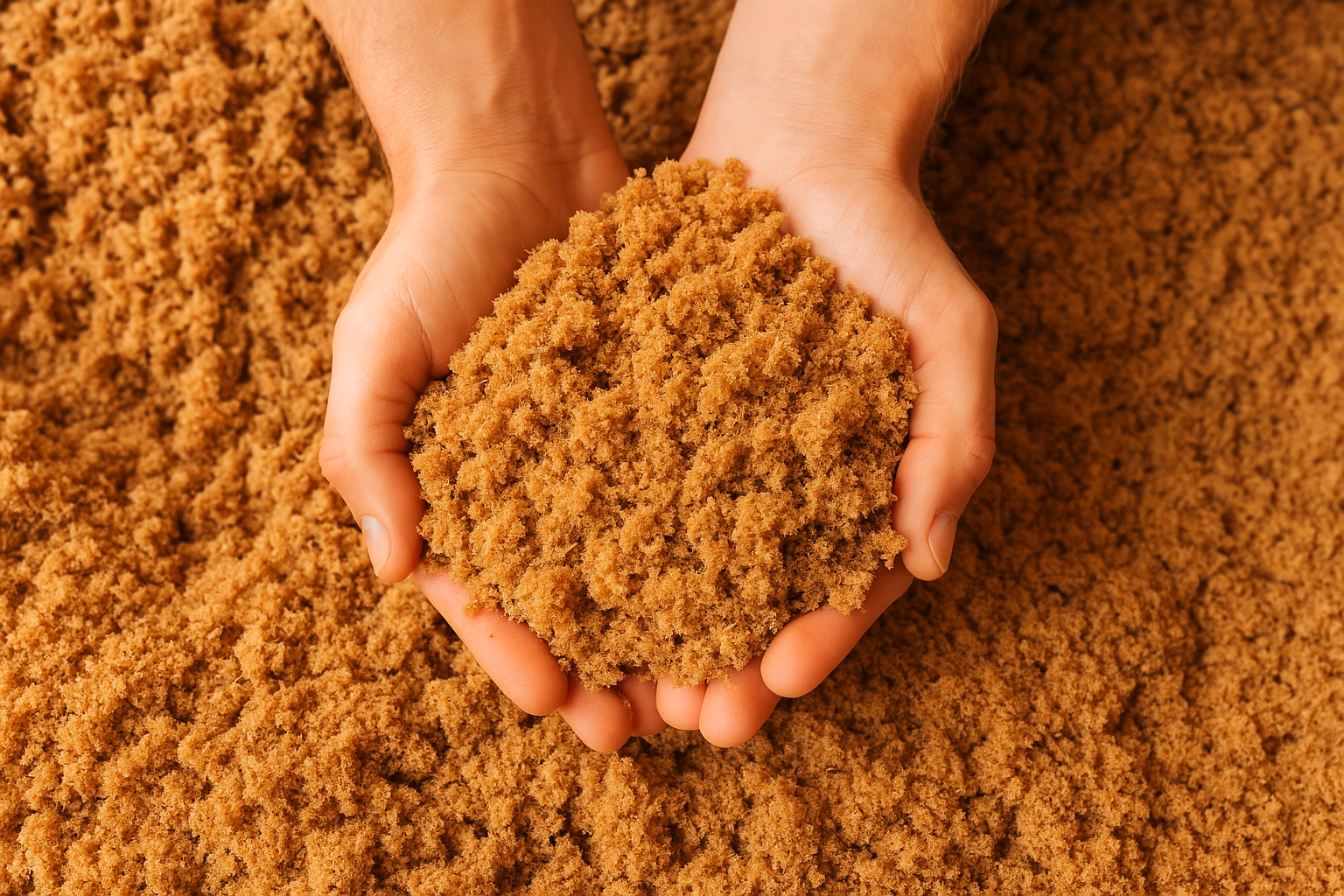 Hands cupping natural wood fibre insulation material
